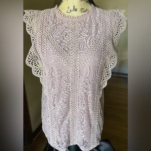 Cable and Gauge Lace Lined top. Gorgeous trimmed short sleeves Sz M VG condition